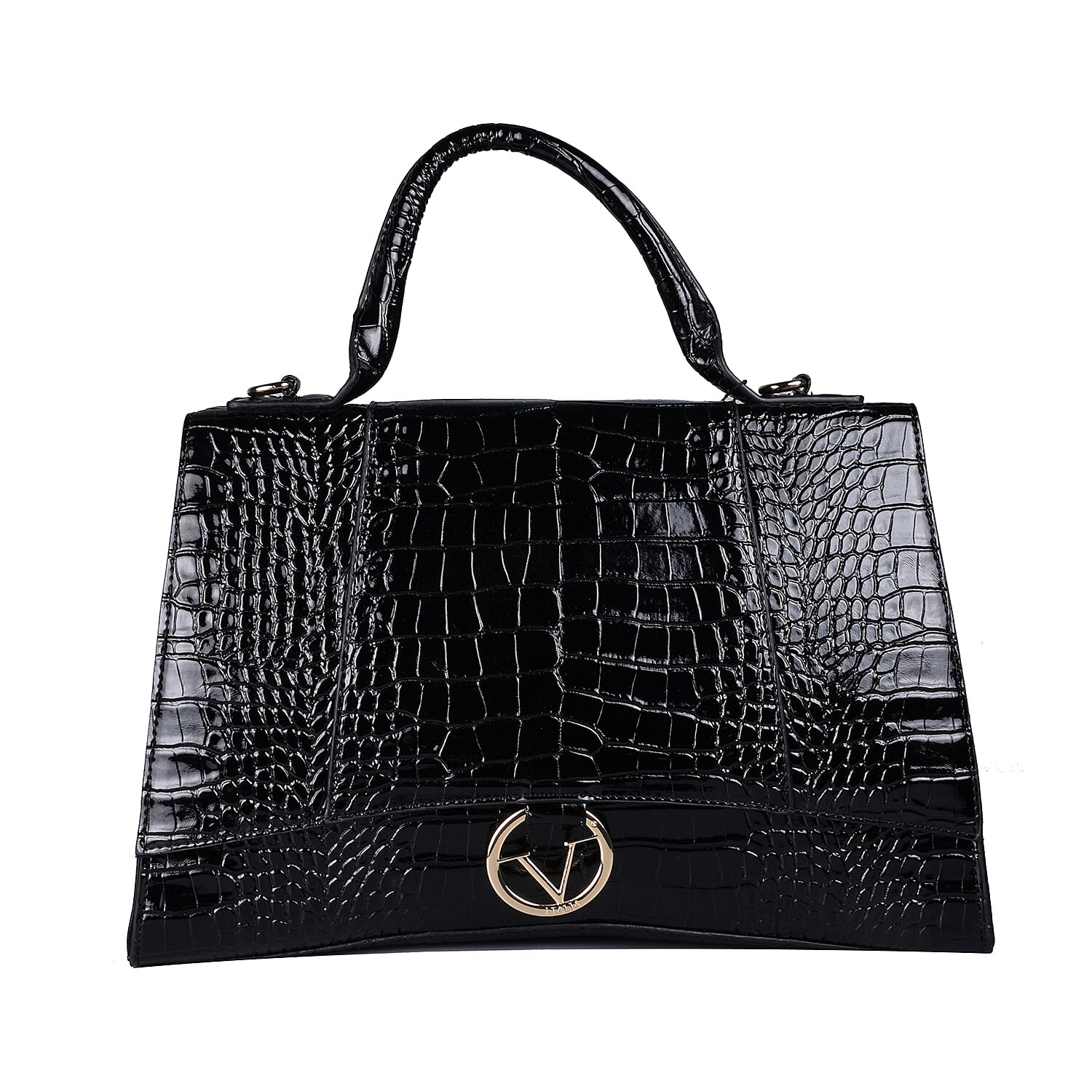 19V69 ITALIA by Alessandro Versace Crocodile Pattern Satchel Bag with Detachable Stap and Metallic Clasp Closure (Size 35x23.5x13cm) - Black