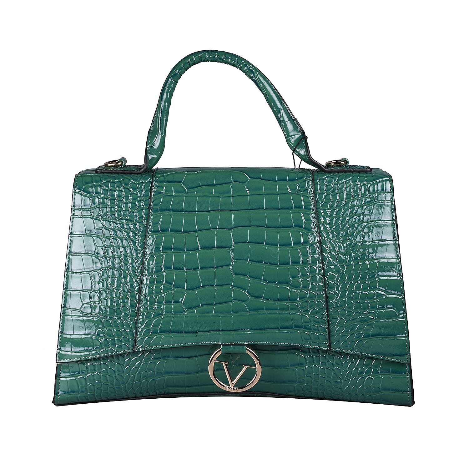 19V69 ITALIA by Alessandro Versace Crocodile Pattern Satchel Bag with Detachable Stap and Metallic Clasp Closure (Size 35x23.5x13cm) - Green