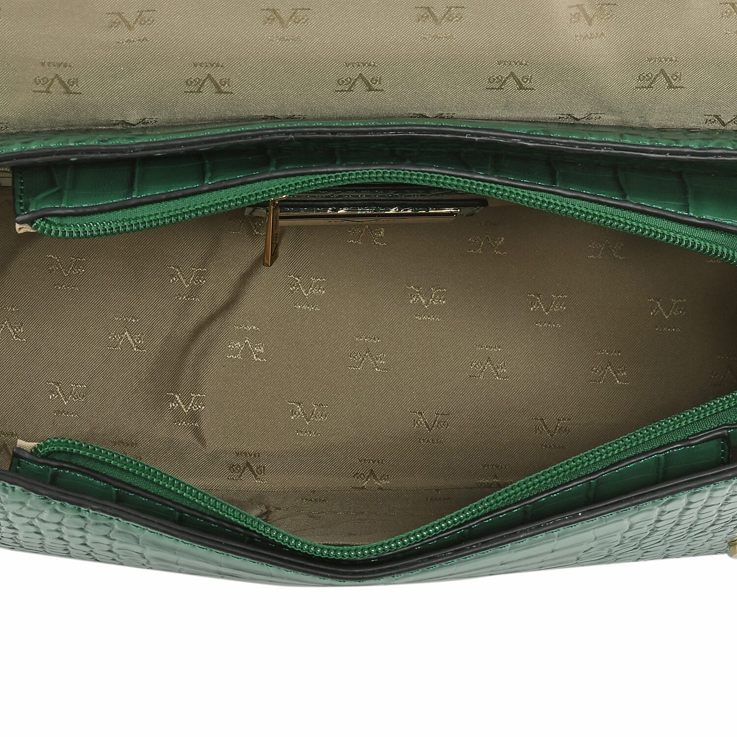 19V69 ITALIA by Alessandro Versace Crocodile Pattern Satchel Bag with Detachable Stap and Metallic Clasp Closure (Size 35x23.5x13cm) - Green