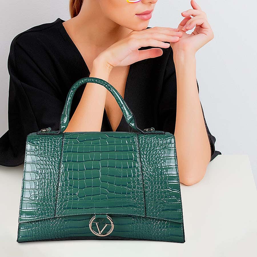 19V69 ITALIA by Alessandro Versace Crocodile Pattern Satchel Bag with Detachable Stap and Metallic Clasp Closure (Size 35x23.5x13cm) - Green