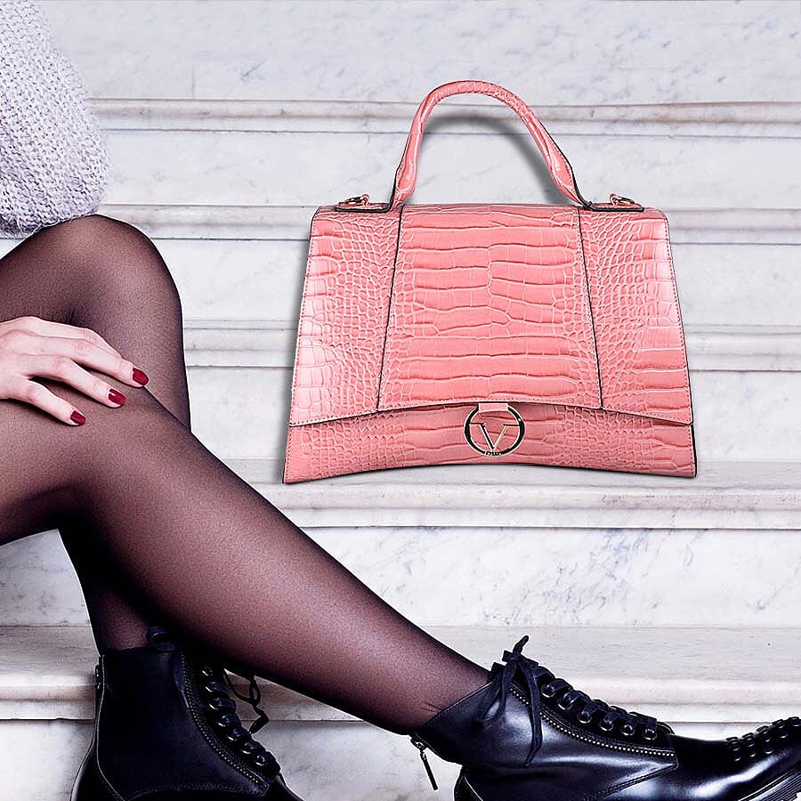 19V69 ITALIA by Alessandro Versace Crocodile Pattern Satchel Bag with Detachable Stap and Metallic Clasp Closure (Size 35x23.5x13Cm) - Pink