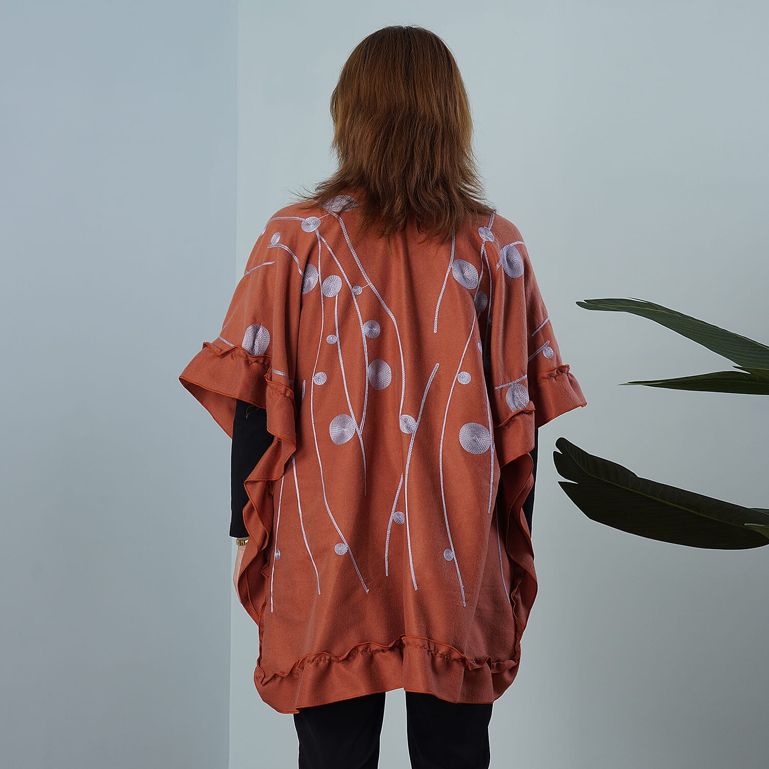 TAMSY Circular and Line Embroidered Kimono (Size 95x83 Cm) - Orange & Grey