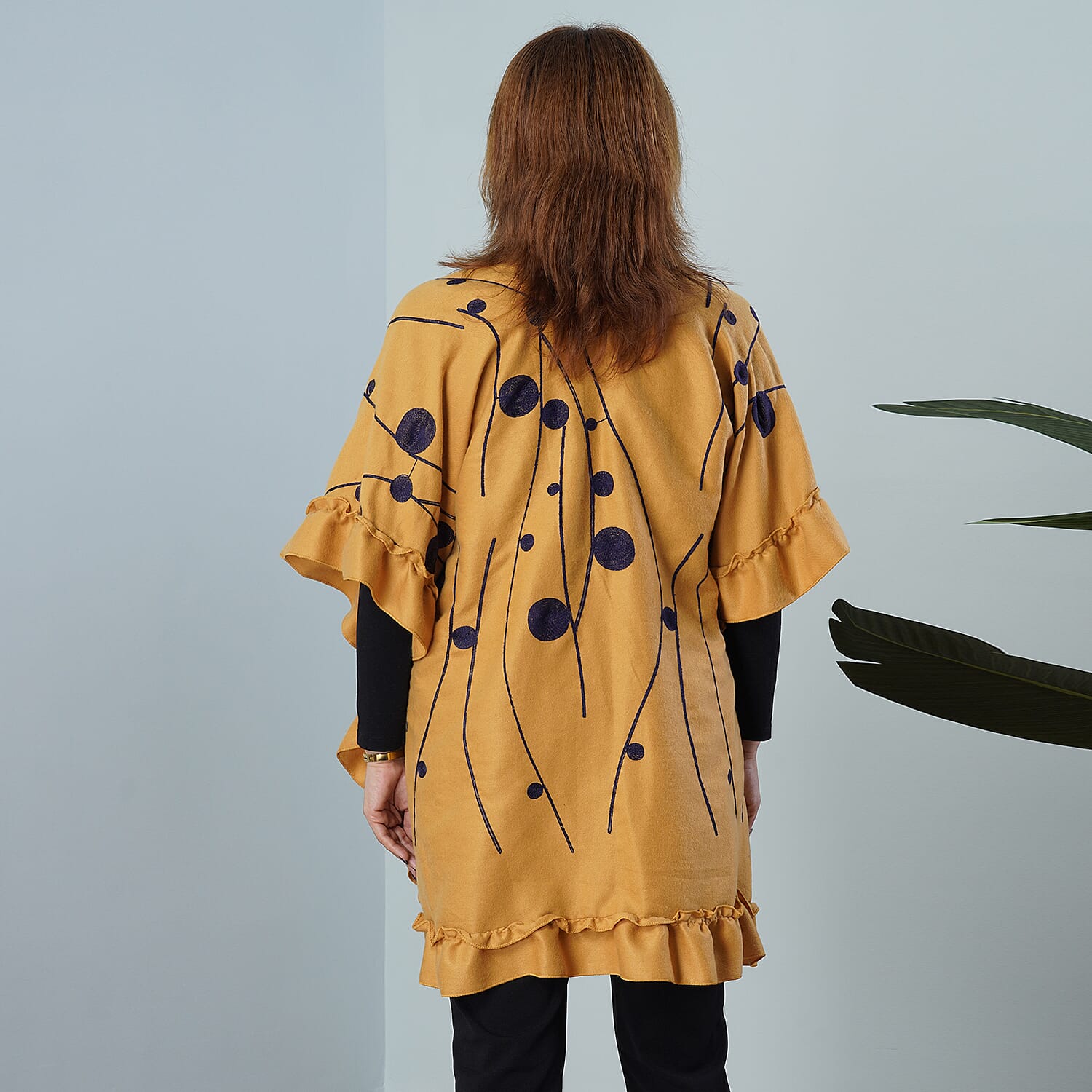 TAMSY Circular and Line Embroidered Kimono (Size 95x83 Cm) - Yellow & Navy