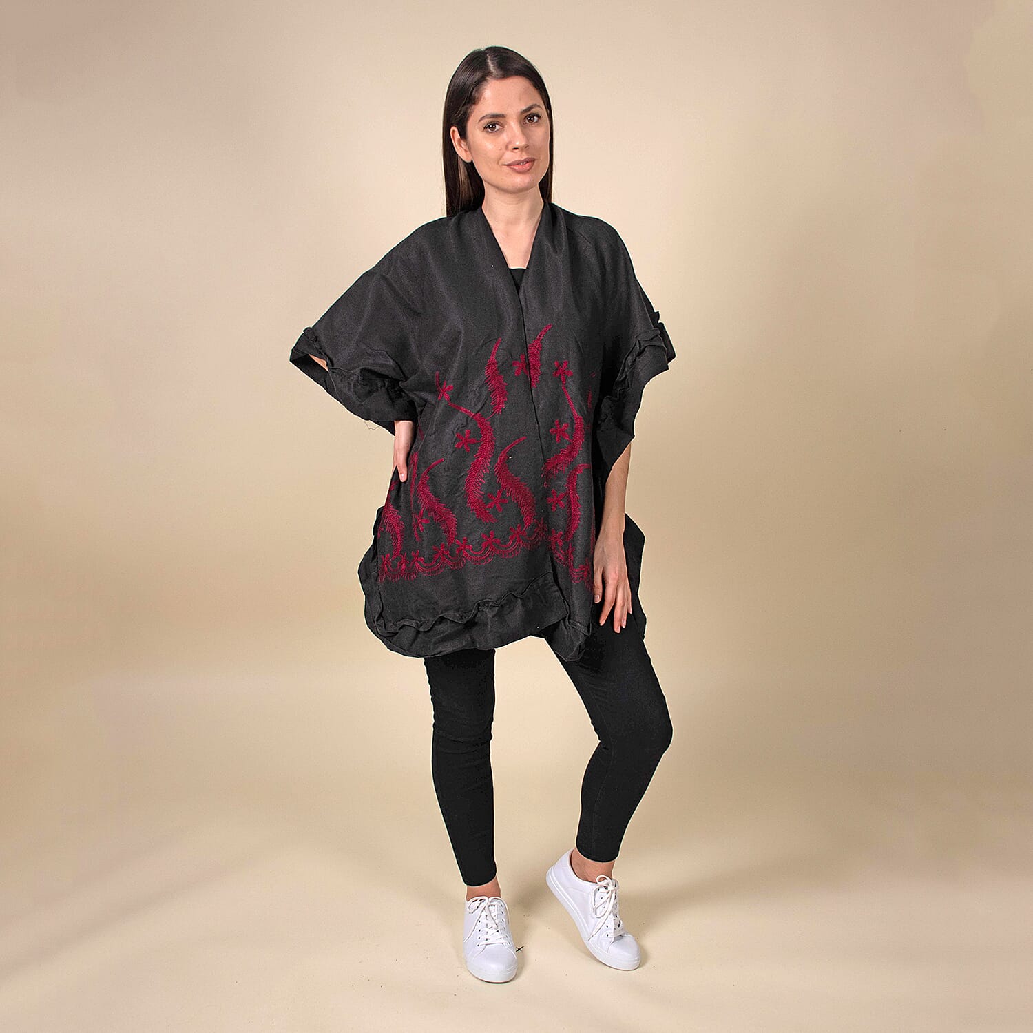TAMSY Feather and Floral Embroidered Kimono (Size 95x83 Cm) - Black - Red