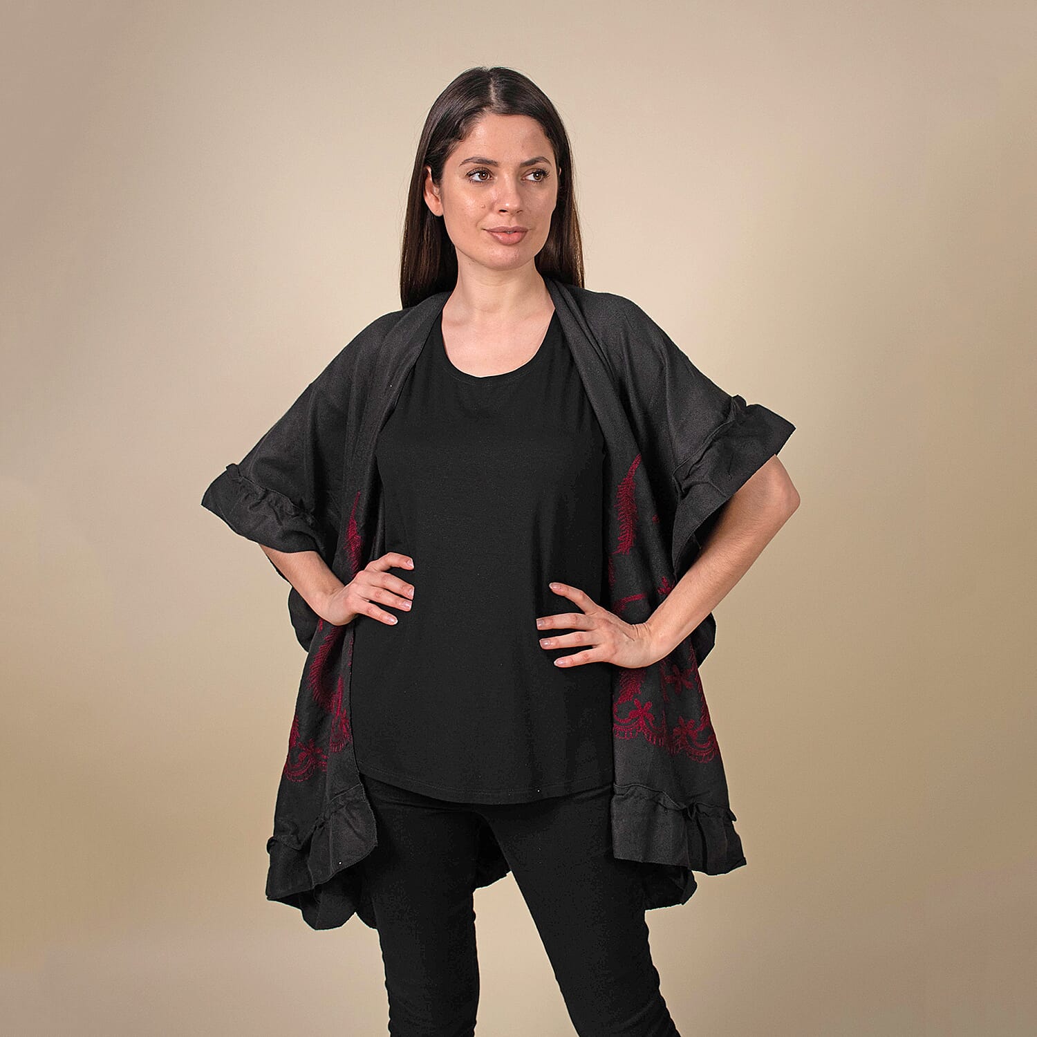 TAMSY Feather and Floral Embroidered Kimono (Size 95x83 Cm) - Black - Red