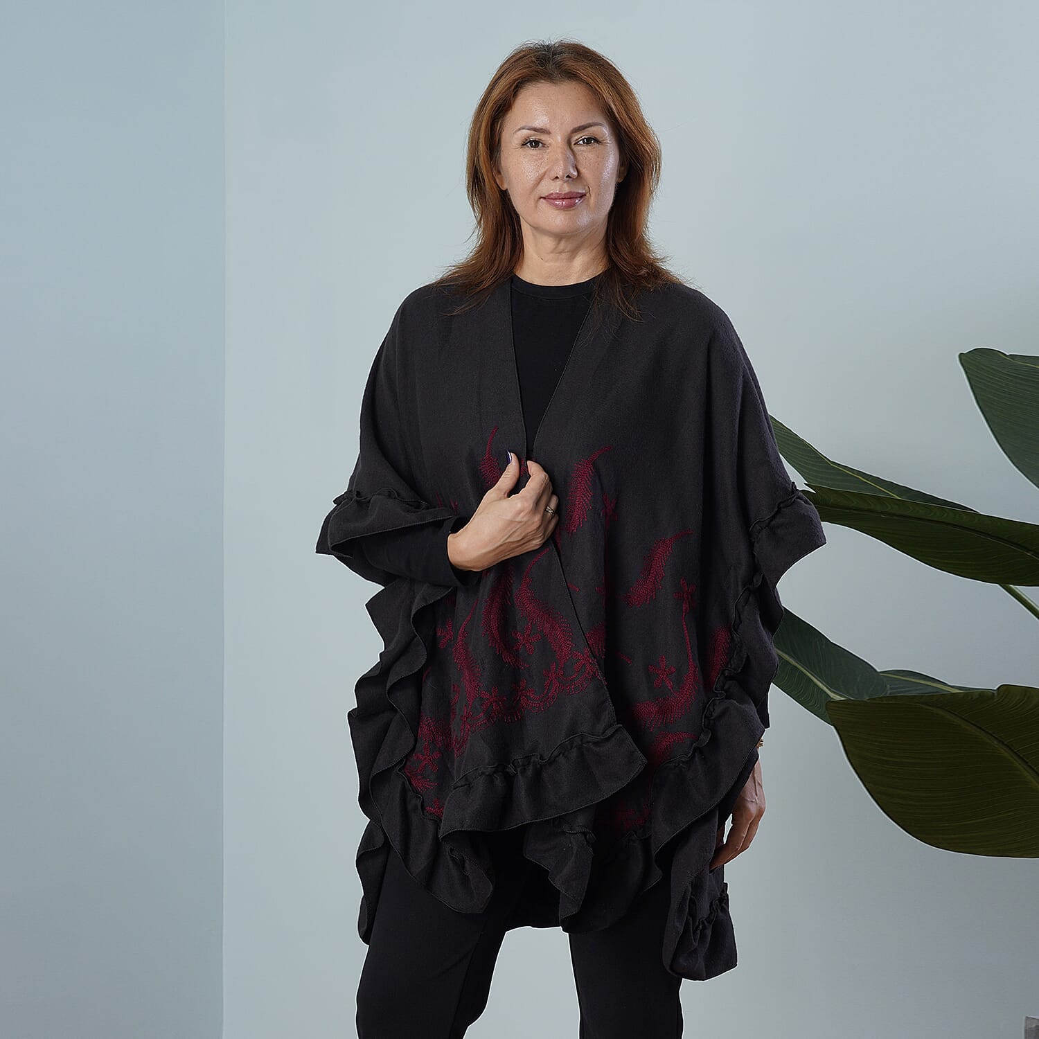 TAMSY Feather and Floral Embroidered Kimono (Size 95x83 Cm) - Black - Red