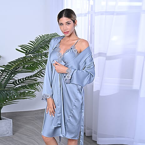 2 Piece Set - LA MAREY Solid Robe and Chemise with Adjustable Shoulder Strap (Size XL-XXL,18-22) - Grey
