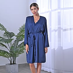 DOD - 2 Piece Set - LA MAREY Solid Robe and Chemise with Adjustable Shoulder Strap (Size M/L,12-16) - Dark Blue