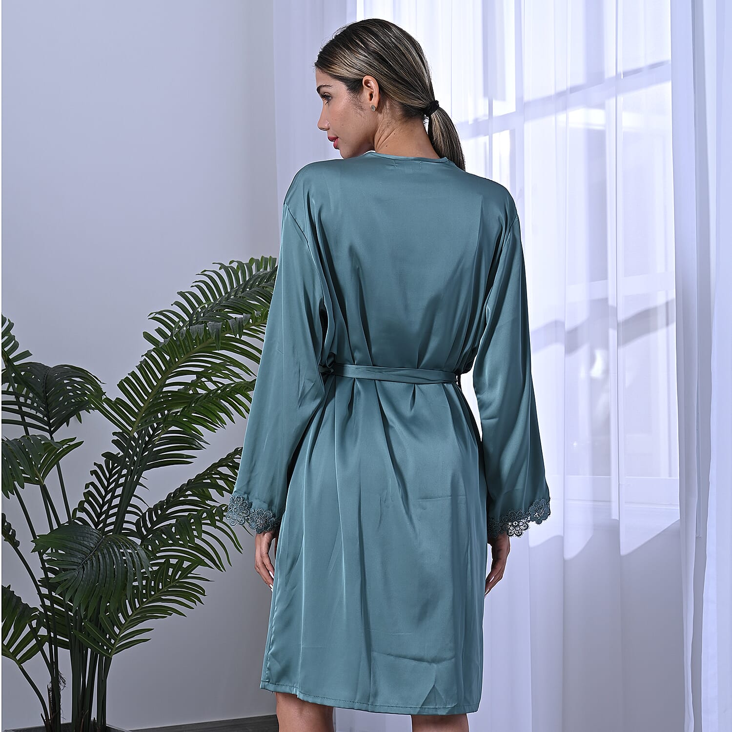 DOD - 2 Piece Set - LA MAREY Solid Robe and Chemise with Adjustable Shoulder Strap (Size M/L,12-16) - Grey