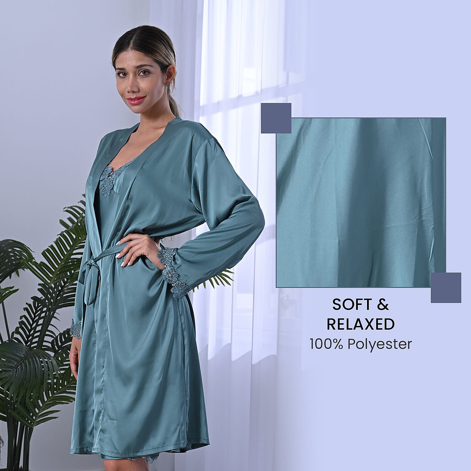 DOD - 2 Piece Set - LA MAREY Solid Robe and Chemise with Adjustable Shoulder Strap (Size M/L,12-16) - Grey