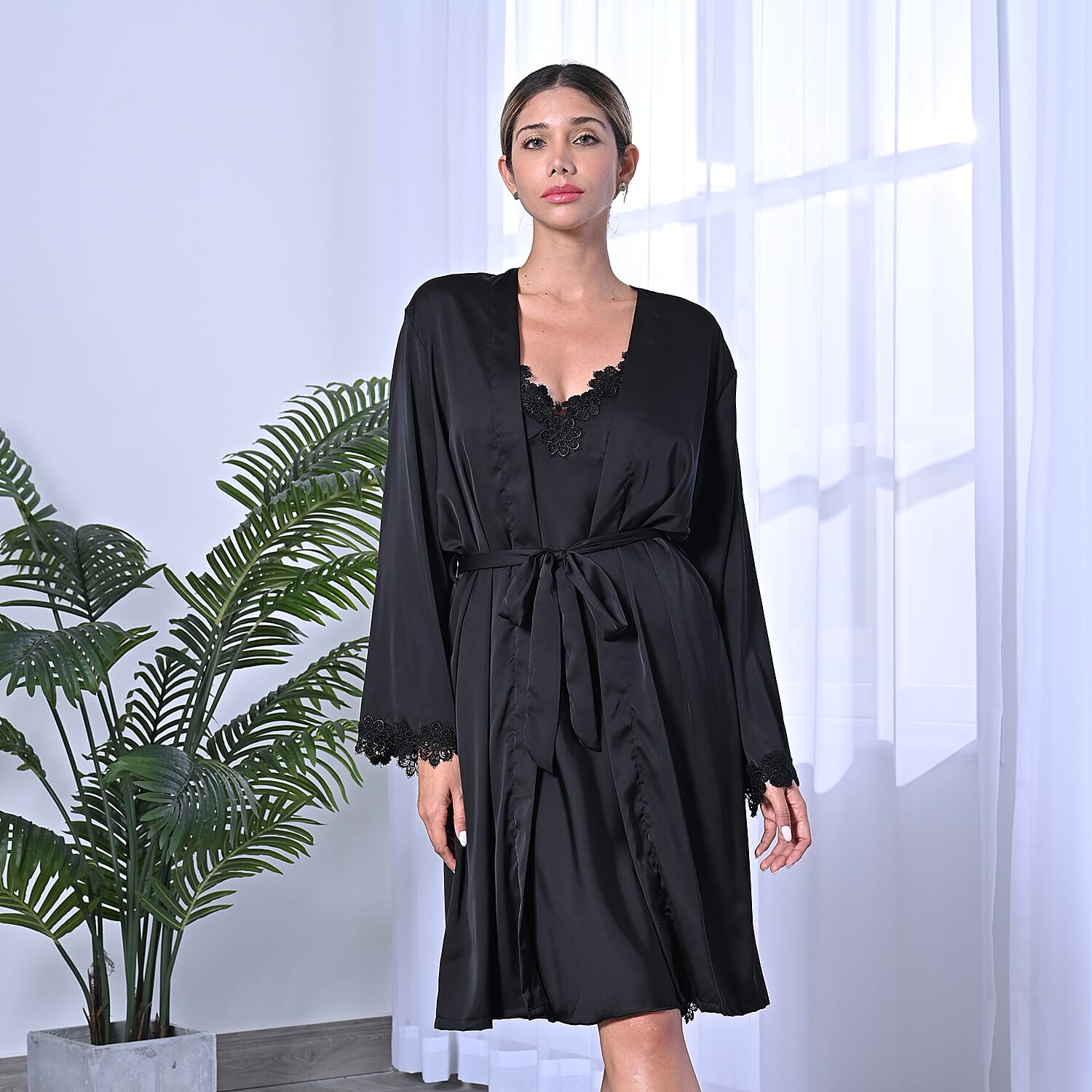 2 Piece Set - LA MAREY Solid Robe and Chemise with Adjustable Shoulder Strap (Size M-L,12-16) - Black