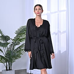 DOD - 2 Piece Set - LA MAREY Solid Robe and Chemise with Adjustable Shoulder Strap (Size M/L,12-16) - Black