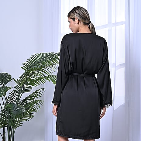 2 Piece Set - LA MAREY Solid Robe and Chemise with Adjustable Shoulder Strap (Size M-L,12-16) - Black