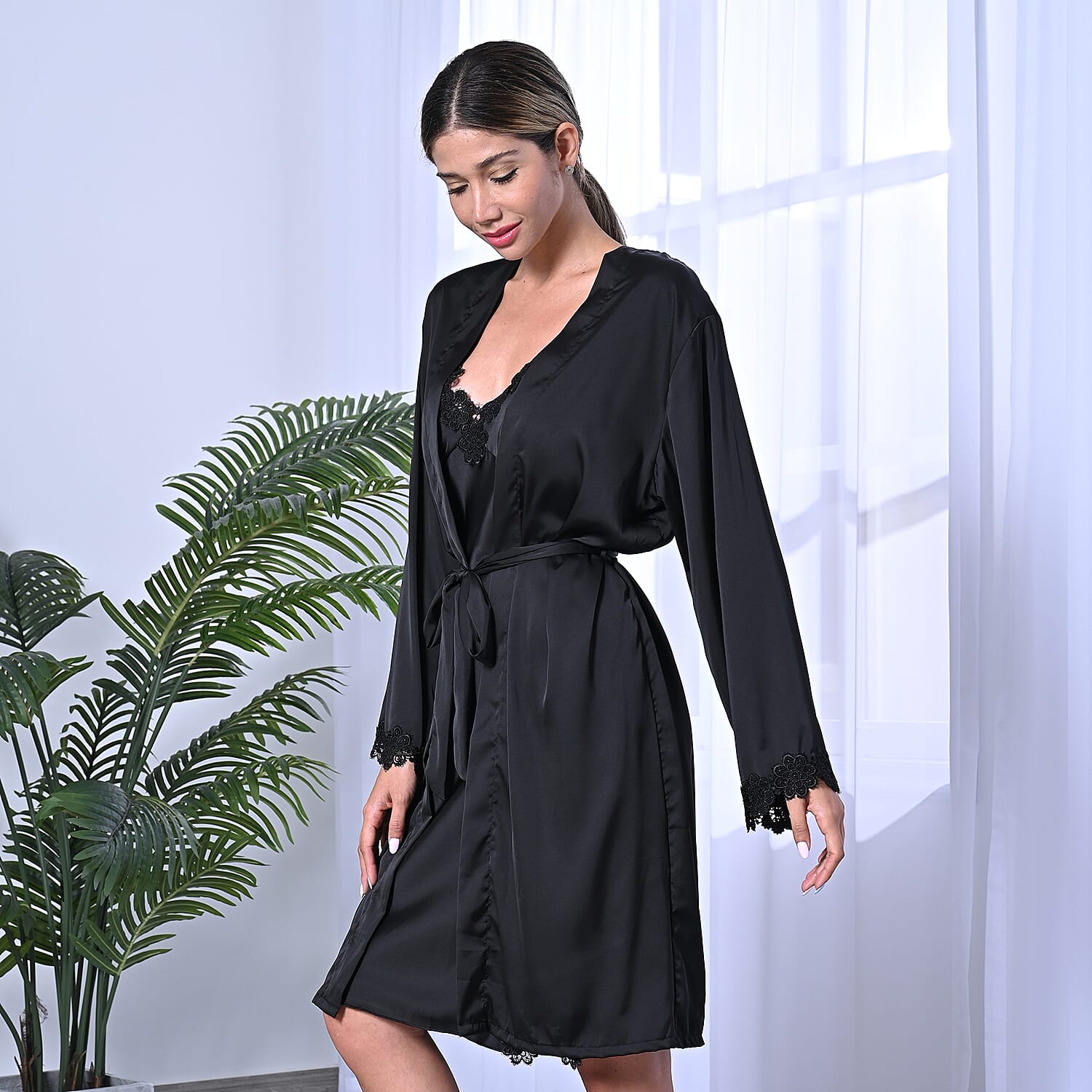 2 Piece Set - LA MAREY Solid Robe and Chemise with Adjustable Shoulder Strap (Size M-L,12-16) - Black