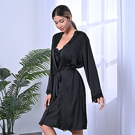 2 Piece Set - LA MAREY Solid Robe and Chemise with Adjustable Shoulder Strap (Size M-L,12-16) - Black