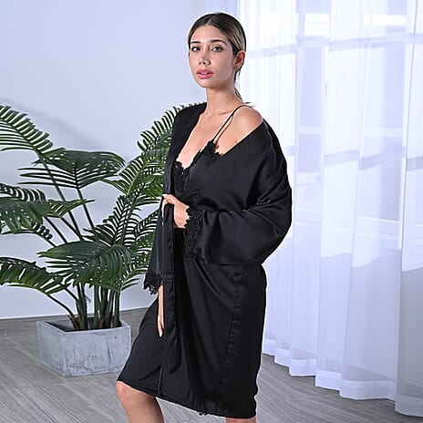 2 Piece Set - LA MAREY Solid Robe and Chemise with Adjustable Shoulder Strap (Size M-L,12-16) - Black