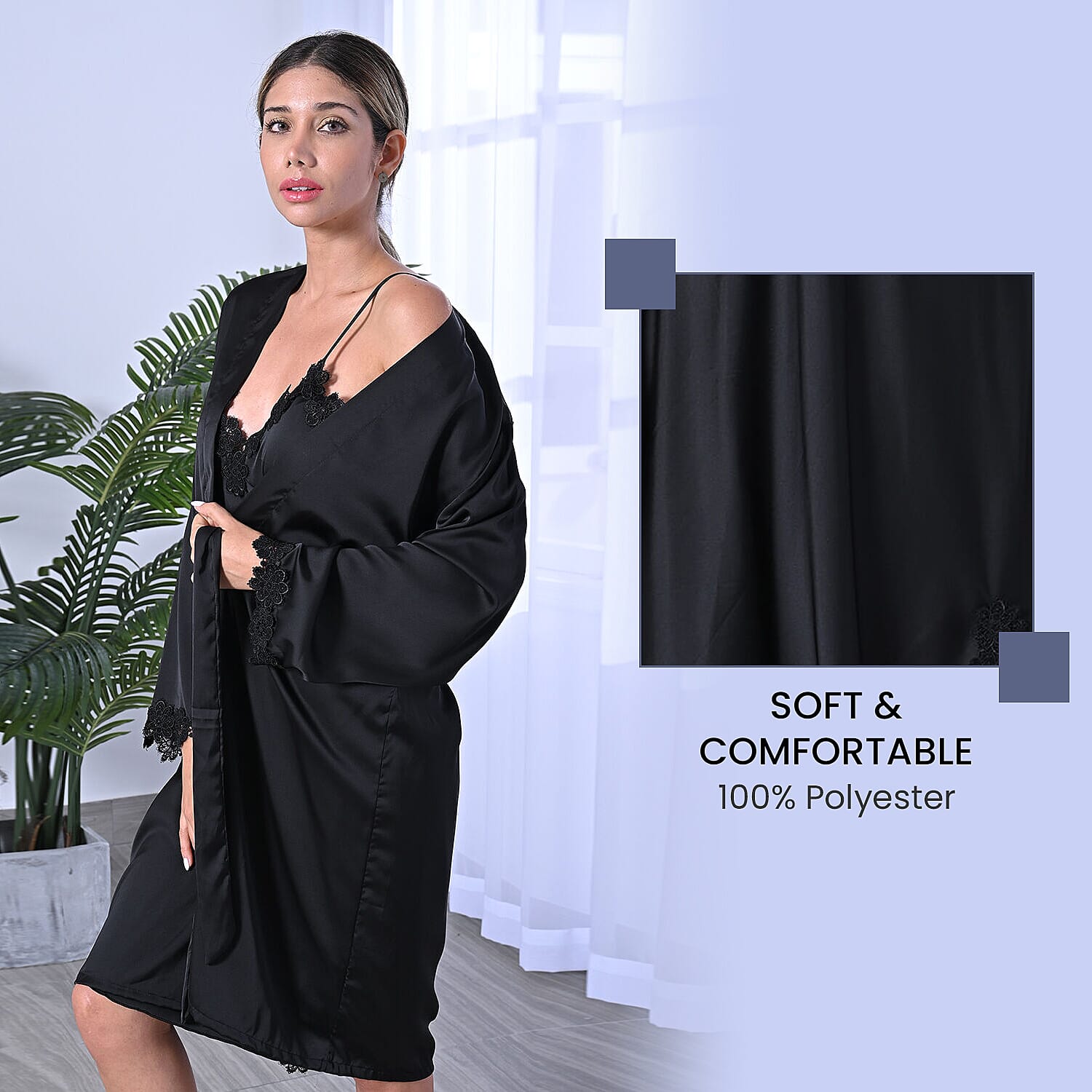 DOD - 2 Piece Set - LA MAREY Solid Robe and Chemise with Adjustable Shoulder Strap (Size M/L,12-16) - Grey