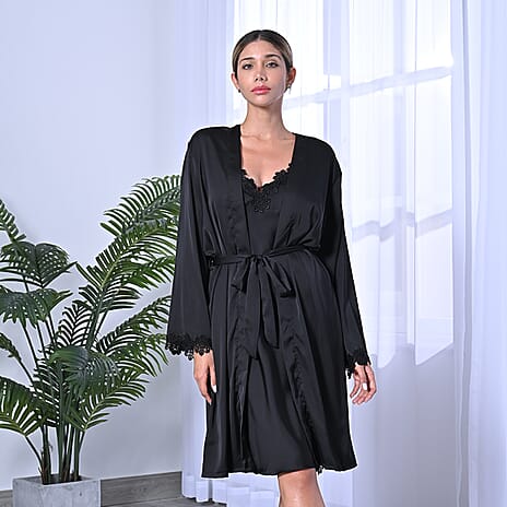 2 Piece Set - LA MAREY Solid Robe and Chemise with Adjustable Shoulder Strap (Size XL-XXL,18-22) - Black