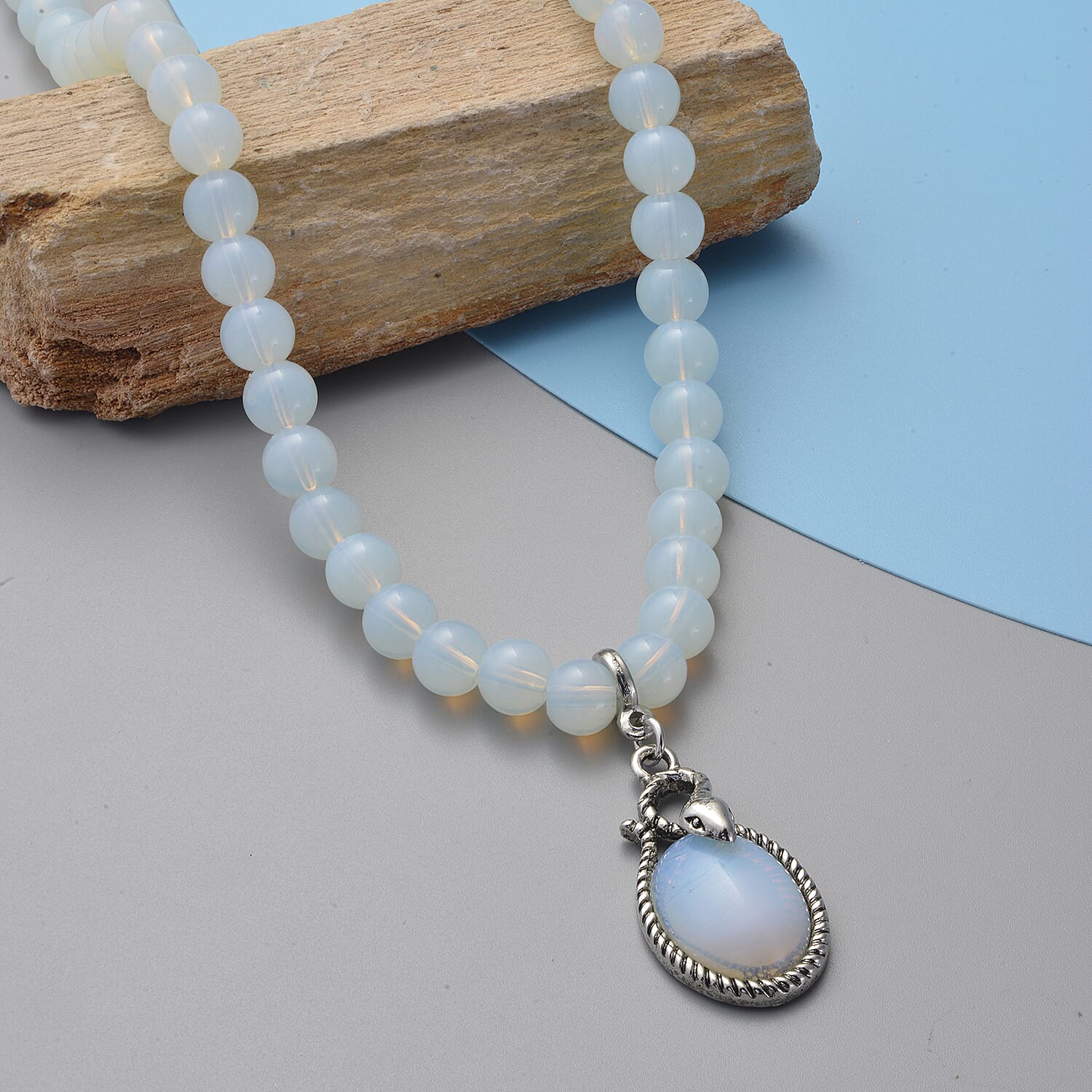 Opalite Beads Necklace (Size - 18 with 2 inch Extender) in Silver Tone 207.00 Ct.