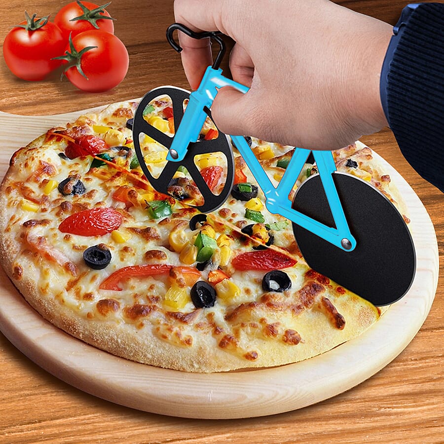 Set of 2 - Bicycle Pizza Cutter with Sharp Blades (Size 19x10Cm) - Blue