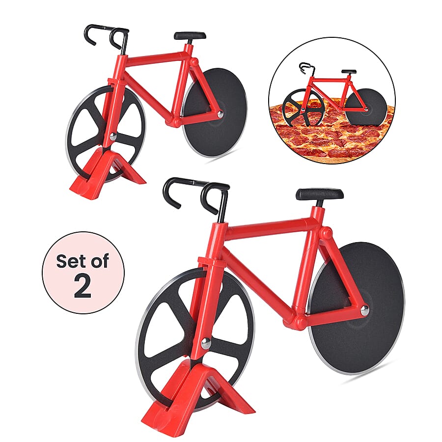 Set of 2 - Bicycle Pizza Cutter with Sharp Blades (Size 19x10Cm) - Red
