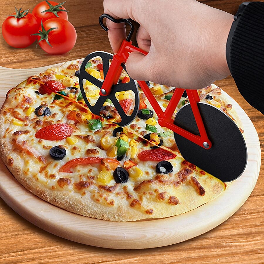 Set of 2 - Bicycle Pizza Cutter with Sharp Blades (Size 19x10Cm) - Red