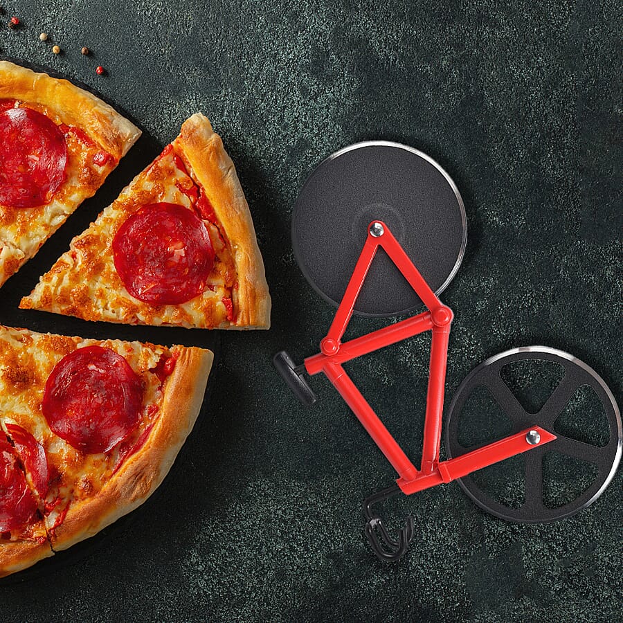Set of 2 - Bicycle Pizza Cutter with Sharp Blades (Size 19x10Cm) - Red