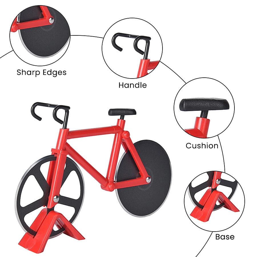Set of 2 - Bicycle Pizza Cutter with Sharp Blades (Size 19x10Cm) - Red
