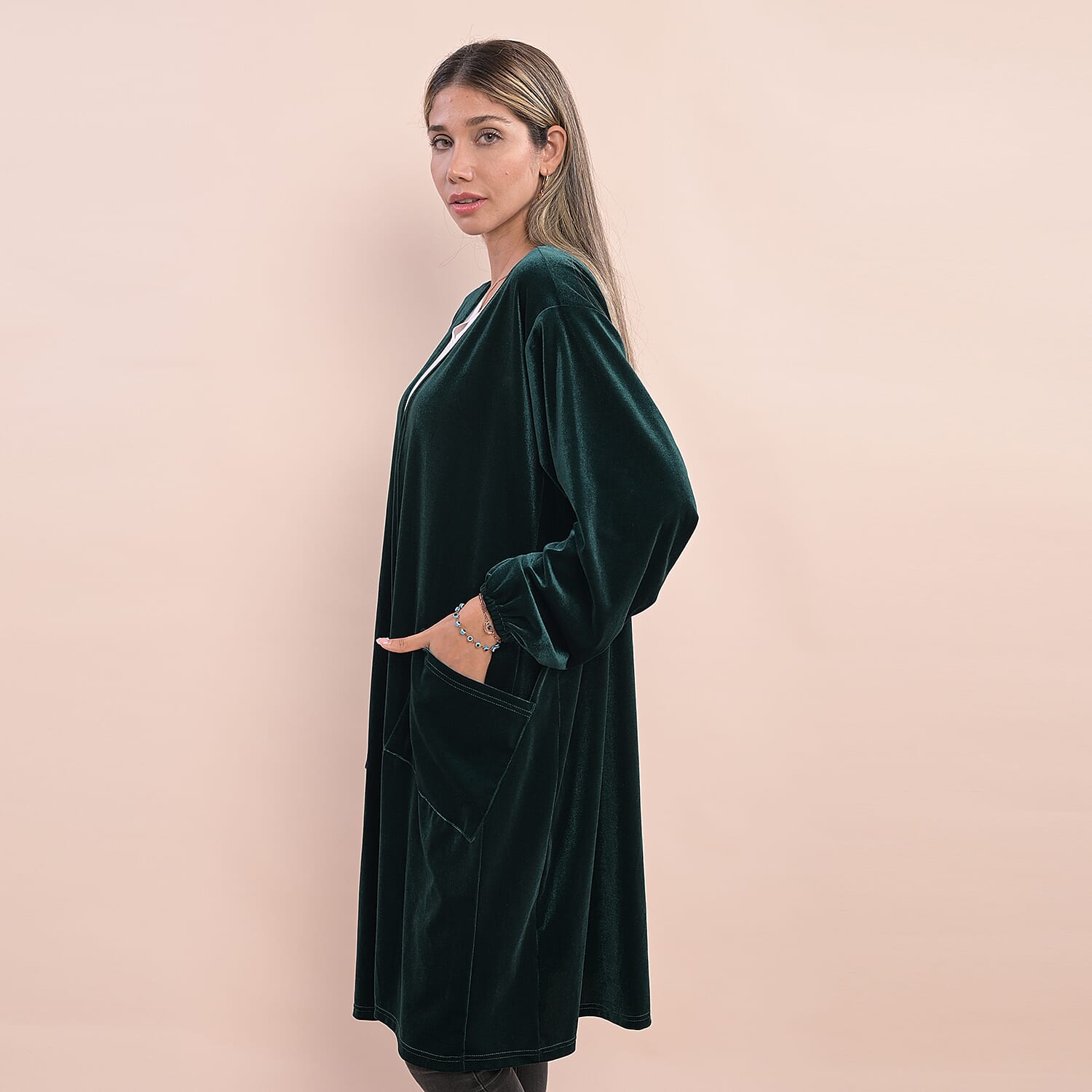 Close Out Deal - Stylish Long Velvet Cardigan (Size 95x55x70 Cm) - Green