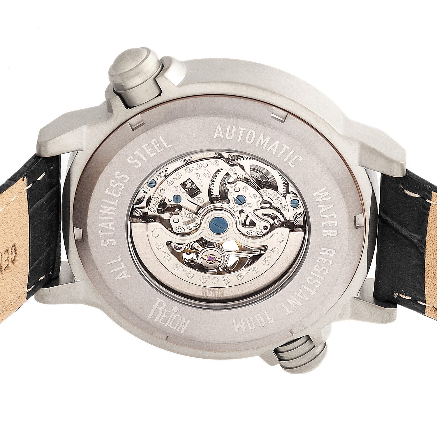 Reign Thanos Automatic Movement Skeleton Dial Water Resistant Watch with Stainless Steel Case and Genuine Leather Strap - Black & Silver