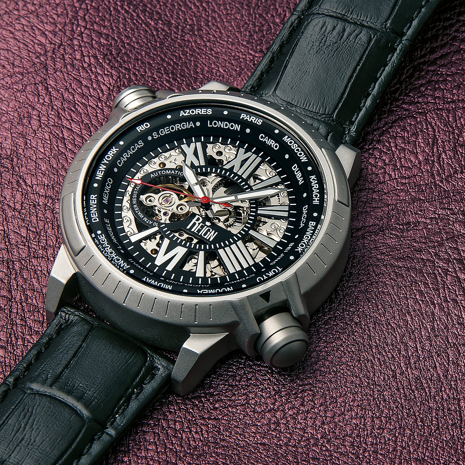 Reign Thanos Automatic Movement Skeleton Dial Water Resistant Watch with Stainless Steel Case and Genuine Leather Strap - Black & Silver