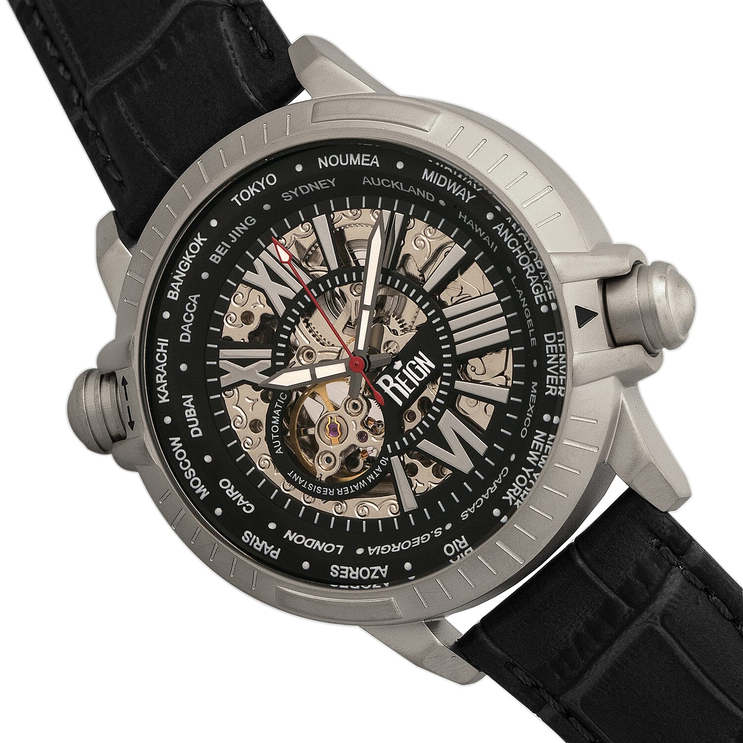 Reign Thanos Automatic Movement Skeleton Dial Water Resistant Watch with Stainless Steel Case and Genuine Leather Strap - Black & Silver