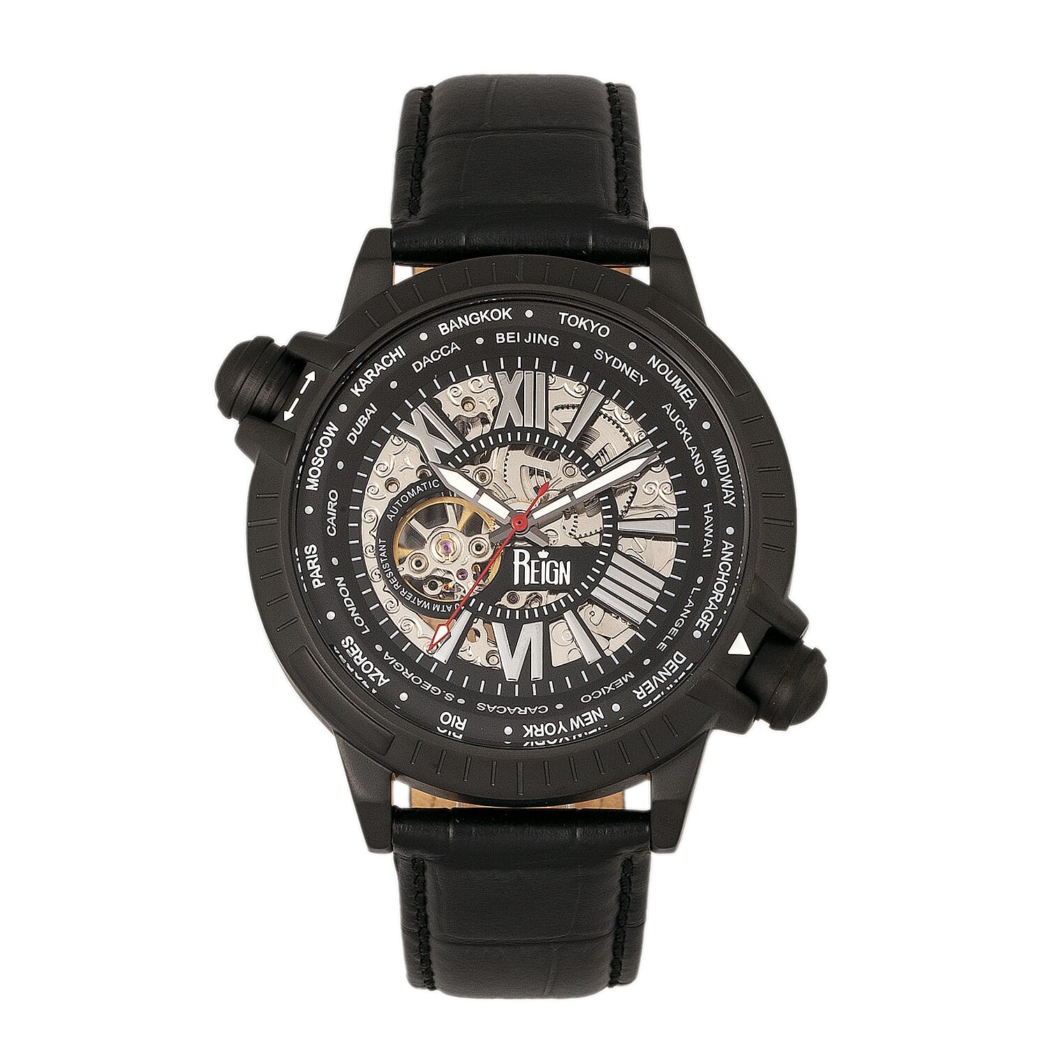 Reign Thanos Automatic Movement Skeleton Dial Water Resistant Watch with Stainless Steel Case and Genuine Leather Strap - Black & White