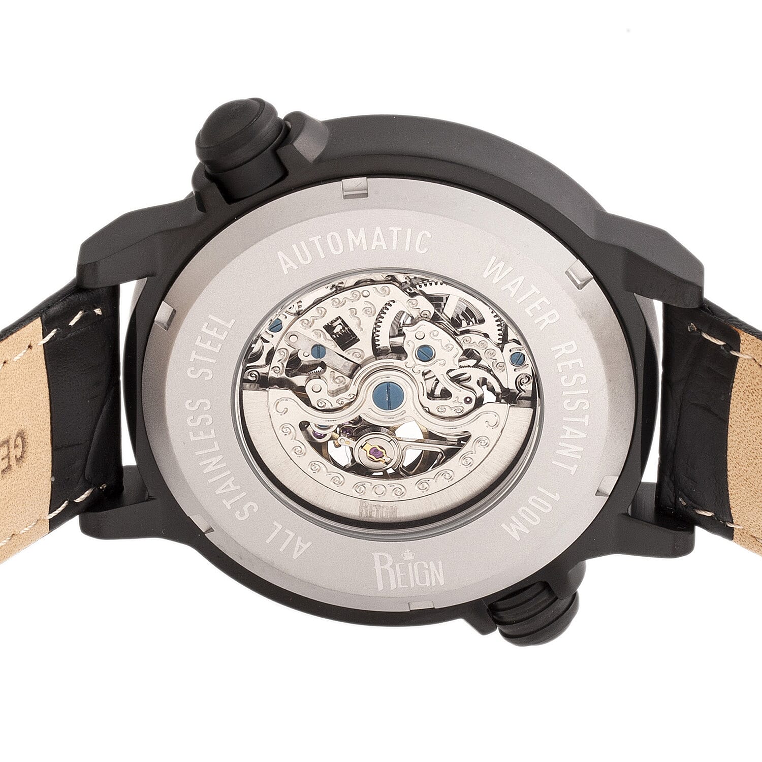 Reign Thanos Automatic Movement Skeleton Dial Water Resistant Watch with Stainless Steel Case and Genuine Leather Strap - Black & White