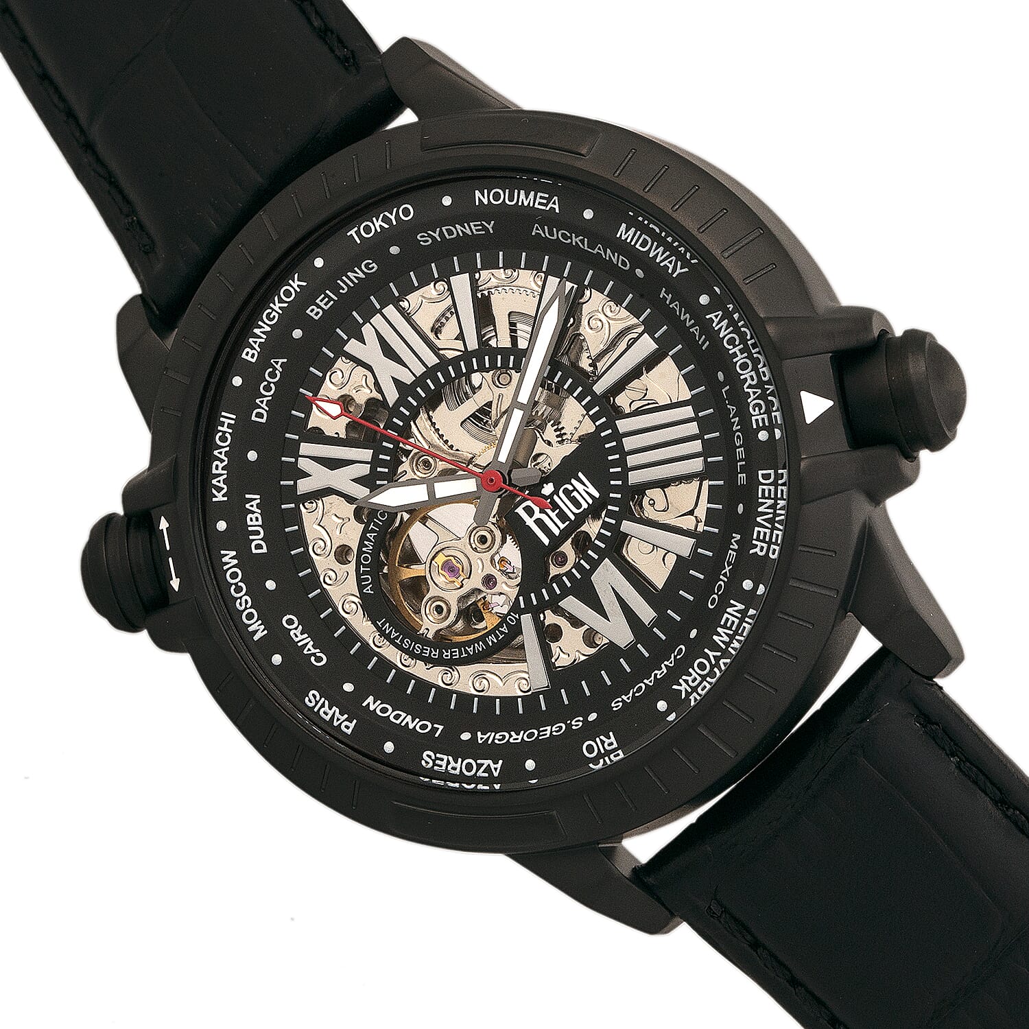 Reign Thanos Automatic Movement Skeleton Dial Water Resistant Watch with Stainless Steel Case and Genuine Leather Strap - Black & White