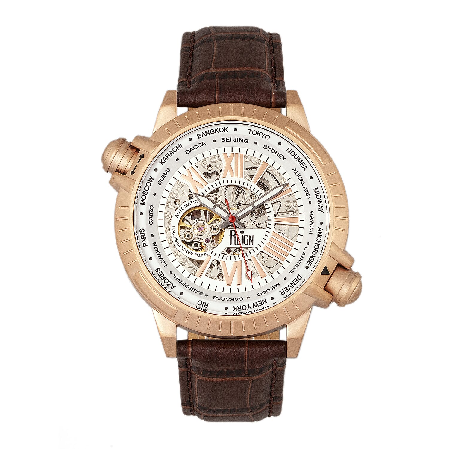 Reign Thanos Automatic Movement Skeleton Dial Water Resistant Watch with Stainless Steel Case and Genuine Leather Strap - Rose Gold, White & Brown
