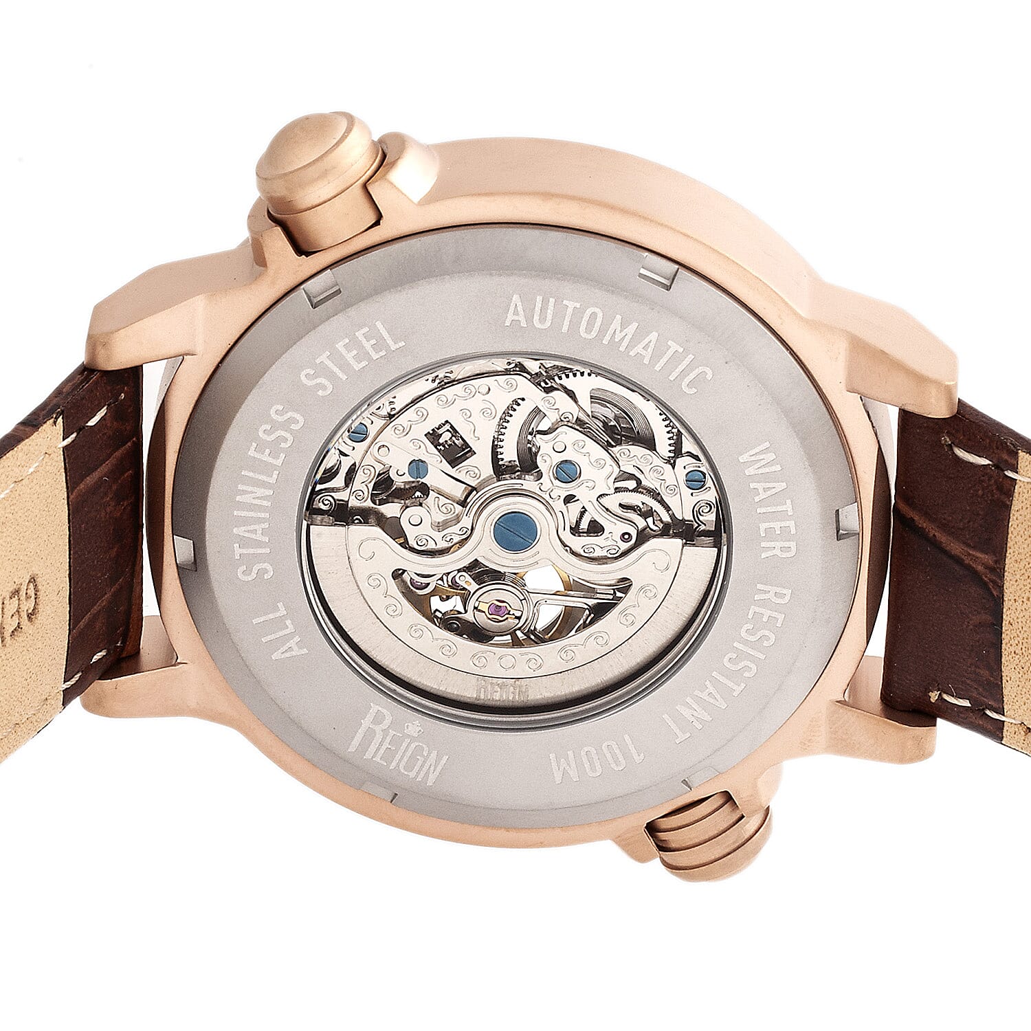 Reign Thanos Automatic Movement Skeleton Dial Water Resistant Watch with Stainless Steel Case and Genuine Leather Strap - Rose Gold, White & Brown