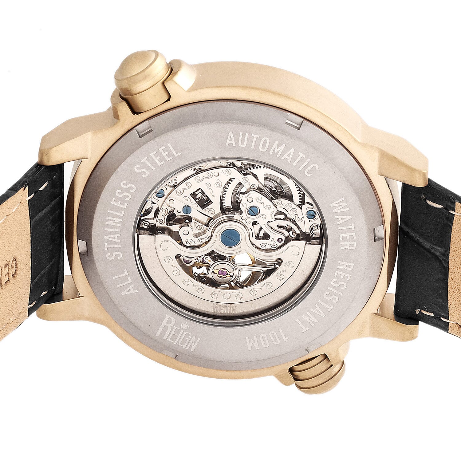 Reign Thanos Automatic Movement Skeleton Dial Water Resistant Watch with Stainless Steel Case and Genuine Leather Strap - Gold & Black