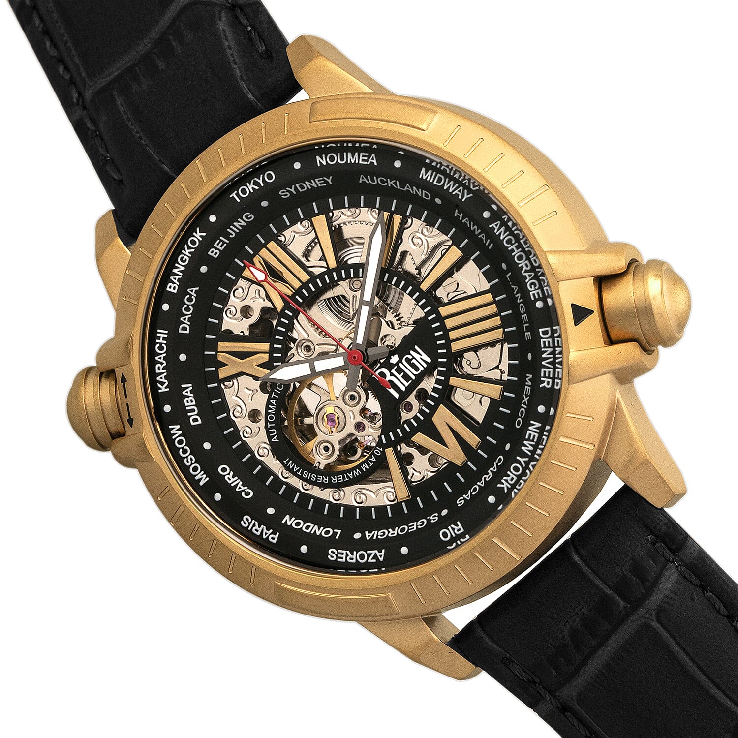 Reign Thanos Automatic Movement Skeleton Dial Water Resistant Watch with Stainless Steel Case and Genuine Leather Strap - Gold & Black