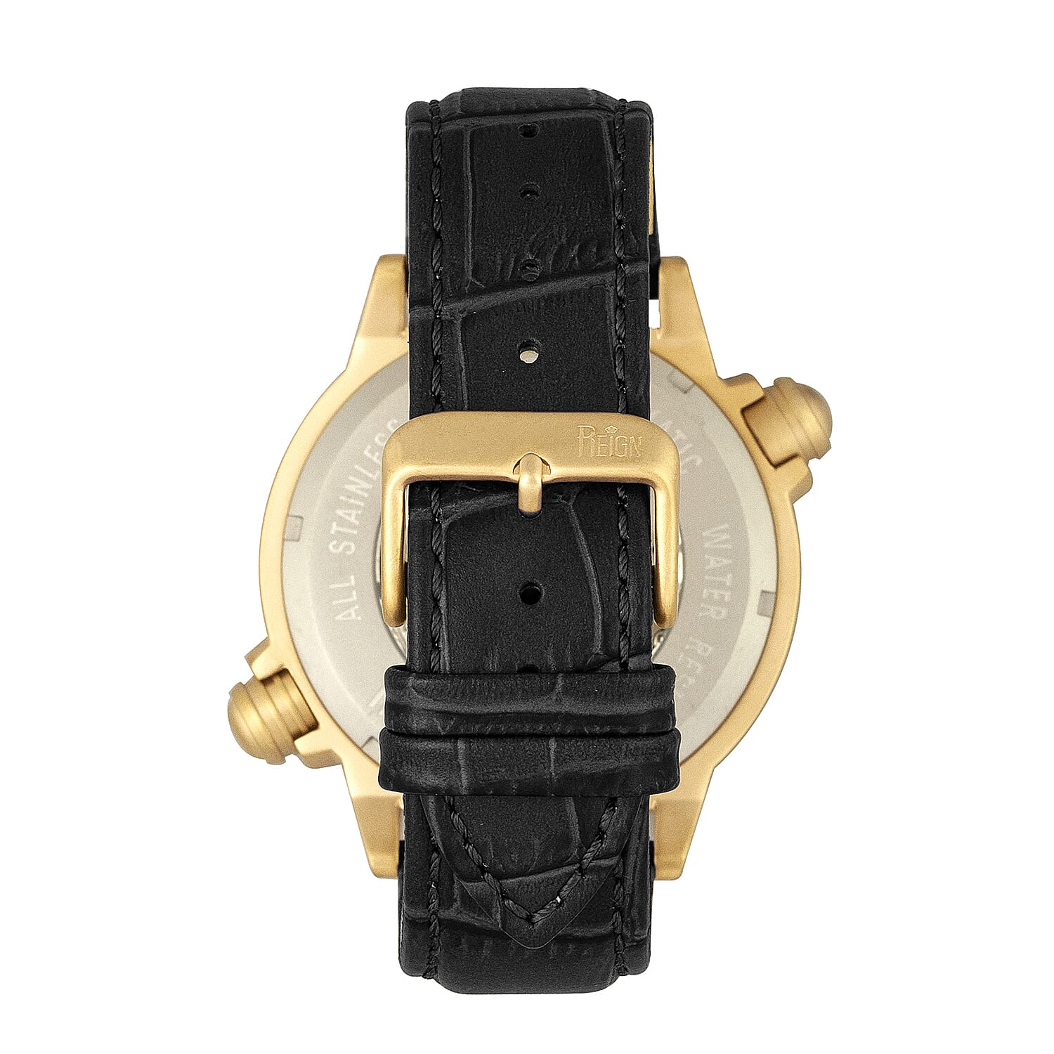 Reign Thanos Automatic Movement Skeleton Dial Water Resistant Watch with Stainless Steel Case and Genuine Leather Strap - Gold & Black