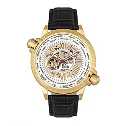 Reign Thanos Automatic Movement Skeleton Dial Water Resistant Watch with Stainless Steel Case and Genuine Leather Strap - Gold, Black & White