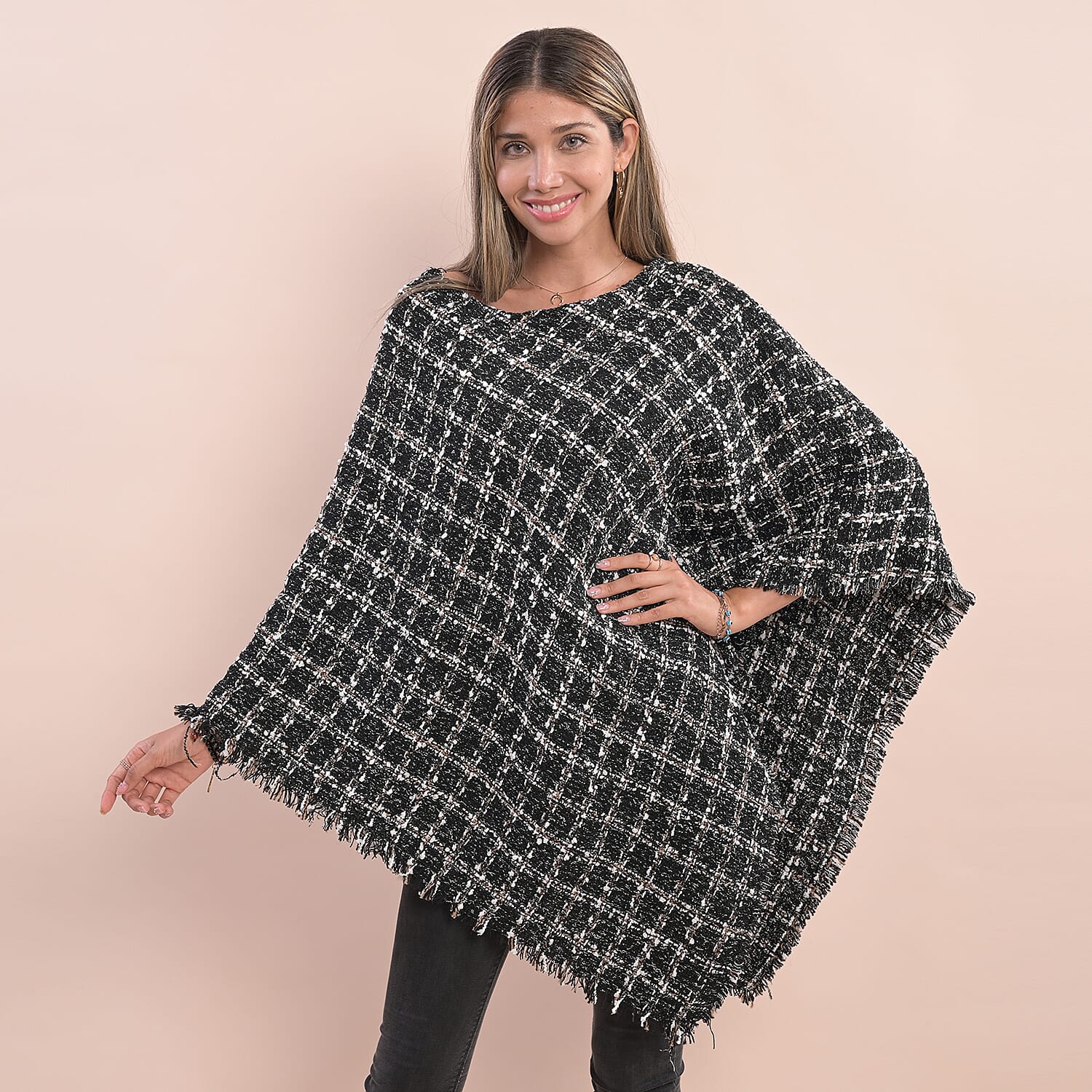 TAMSY Checkered Pattern Tweed Poncho (Size 75x80 Cm) - Black