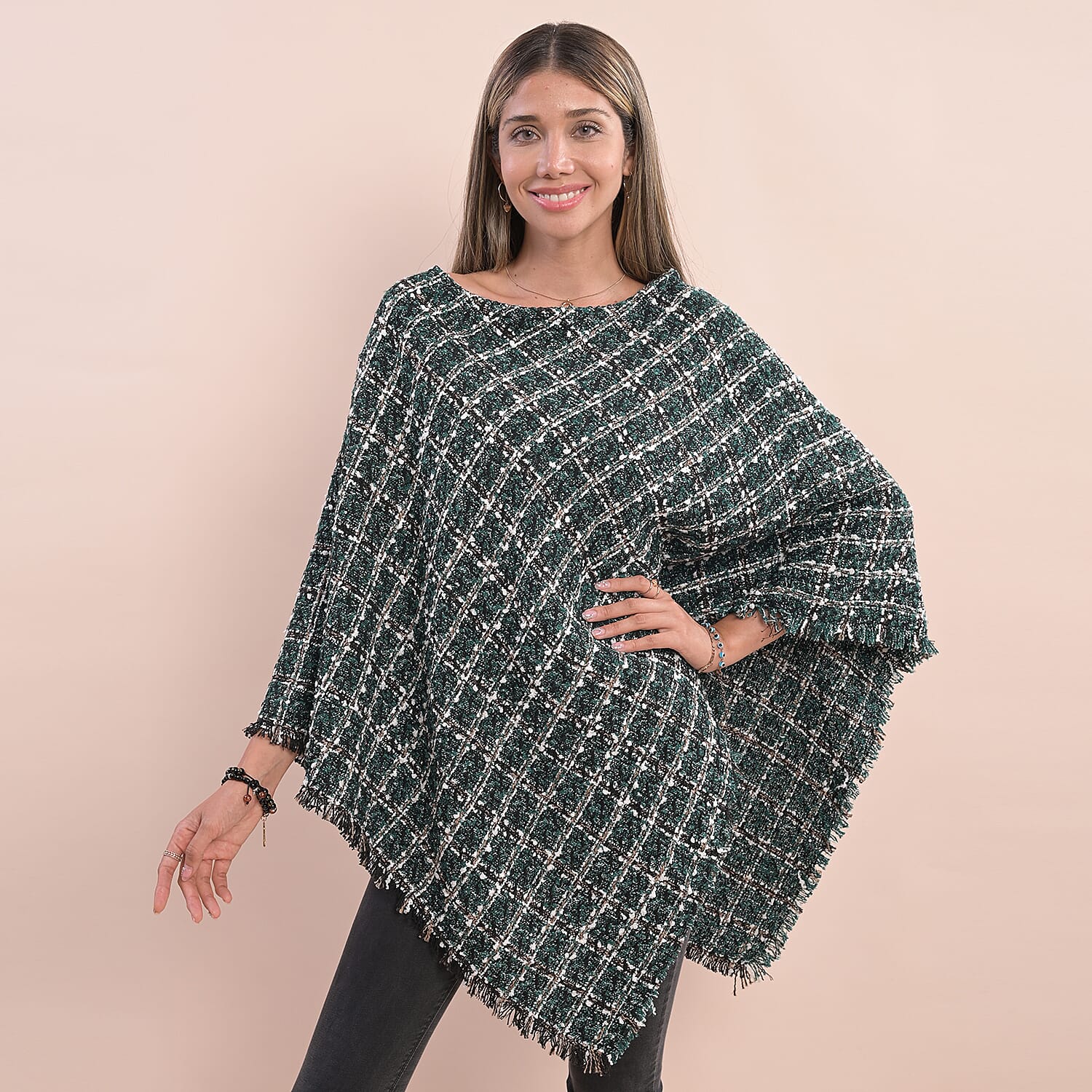 TAMSY Checkered Pattern Tweed Poncho (Size 75x80Cm) - Green