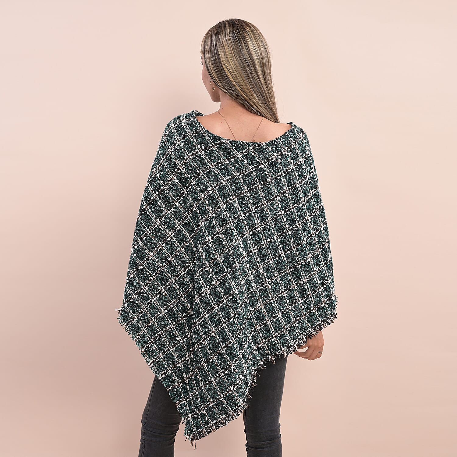 TAMSY Checkered Pattern Tweed Poncho (Size 75x80Cm) - Green