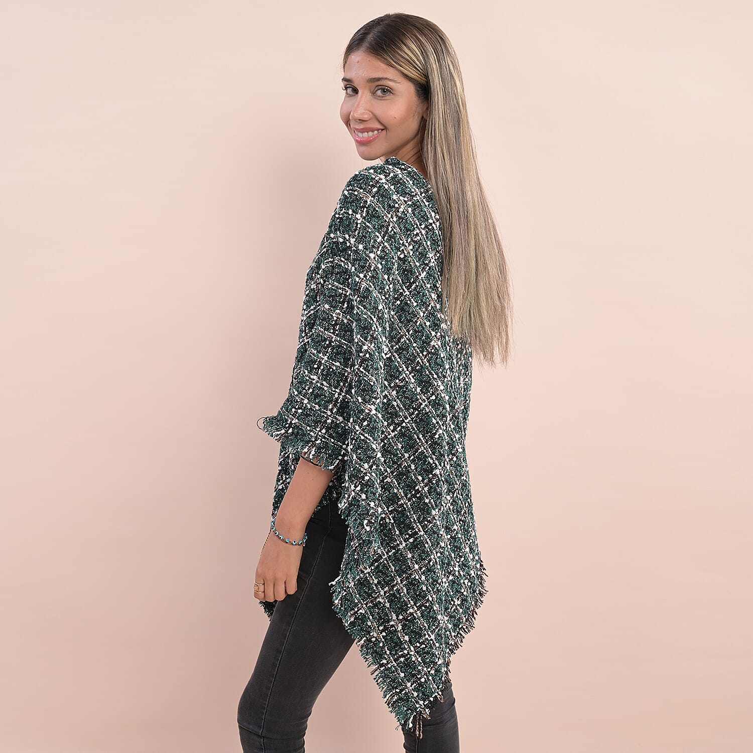 TAMSY Checkered Pattern Tweed Poncho (Size 75x80Cm) - Green