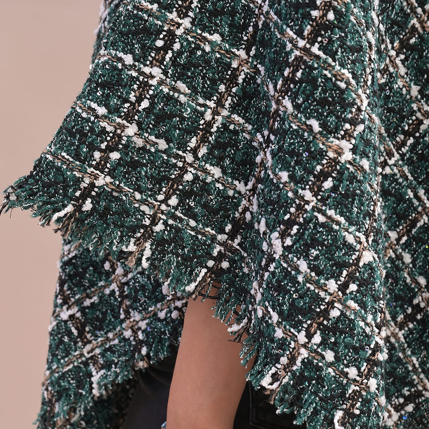 TAMSY Checkered Pattern Tweed Poncho (Size 75x80Cm) - Green