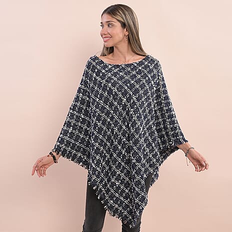 TAMSY Checkered Pattern Tweed Poncho (Size 75x80 Cm) - Navy