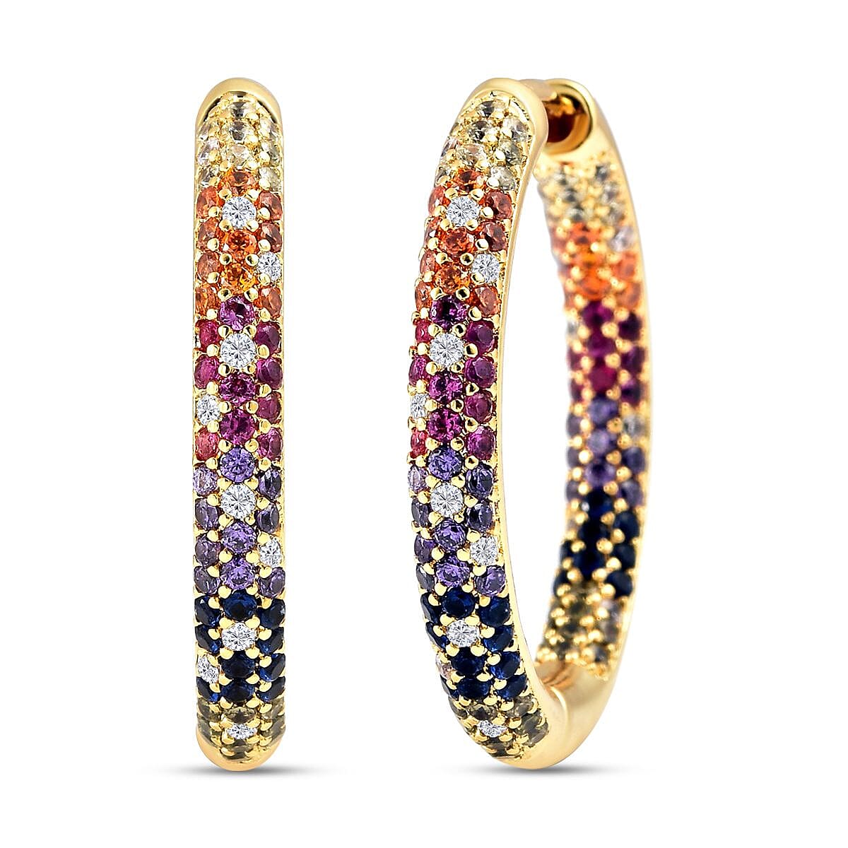 Simulated Multi Colour Gemstones Hoop Earrings in Yellow Gold Tone
