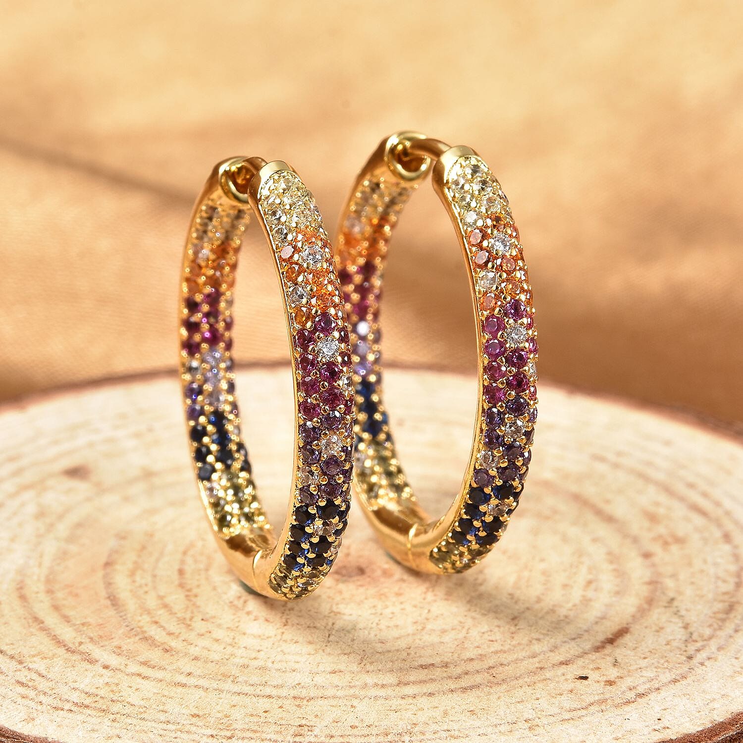 Simulated Multi Colour Gemstones Hoop Earrings in Yellow Gold Tone