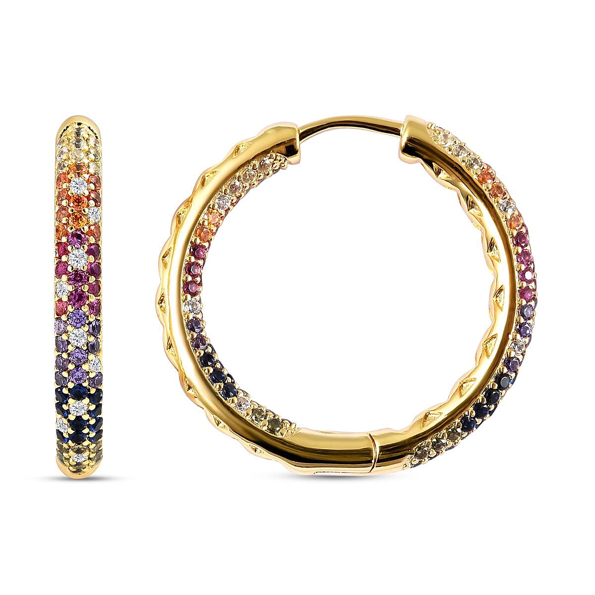 Simulated Multi Colour Gemstones Hoop Earrings in Yellow Gold Tone